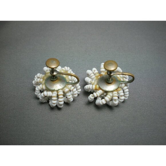 Vintage White Beaded Screw Back Earrings - Picture 2 of 2